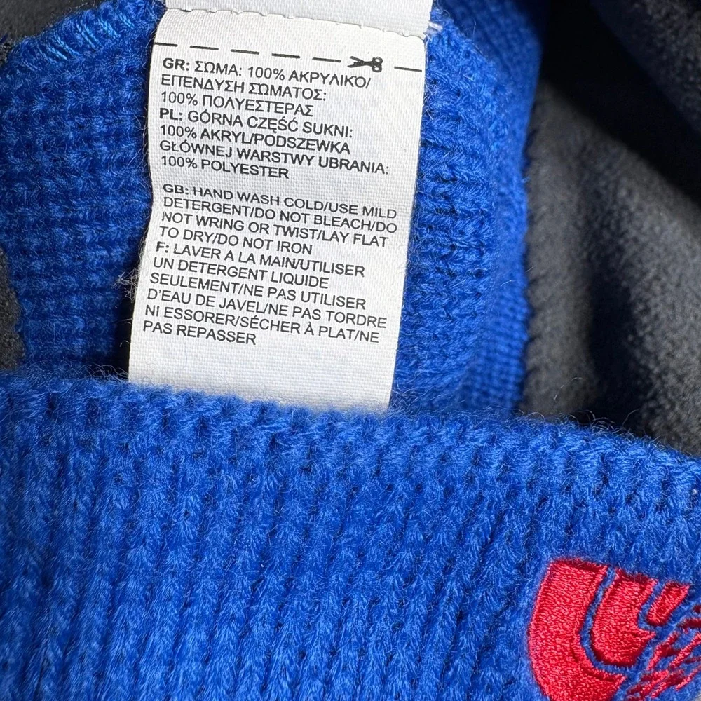 The‎ North Face Beanie Youth M Blue Red Logo Fleece Lined Knit Winter Hat Warm